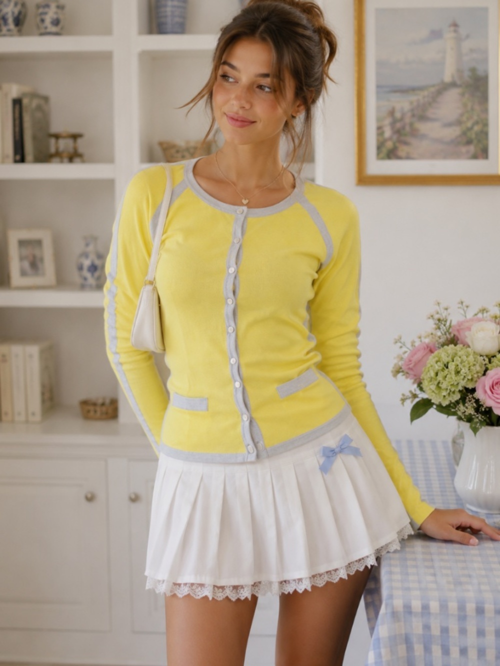 Marble Butter Yellow Contrast-Trim Button Front Cardigan Preppy Coquette Coastal